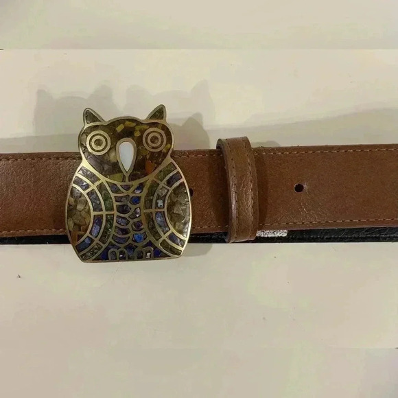 Vintage Owl Buckle Metal‎ Inlaid Stones in Belt Size L - Picture 2 of 5